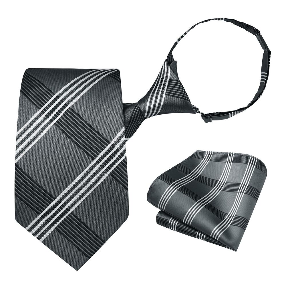 7843 Ties Pre-tied Adjustable Tie Grey Neckties and Pocket Square Set